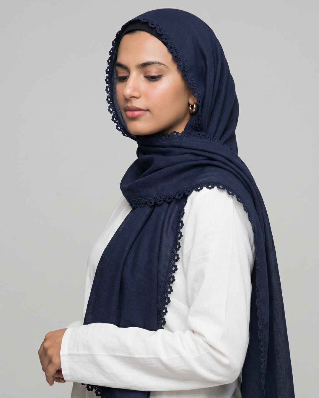 Expressions Turkish Lawn (Wider Width) Lace Hijab - Navy Blue