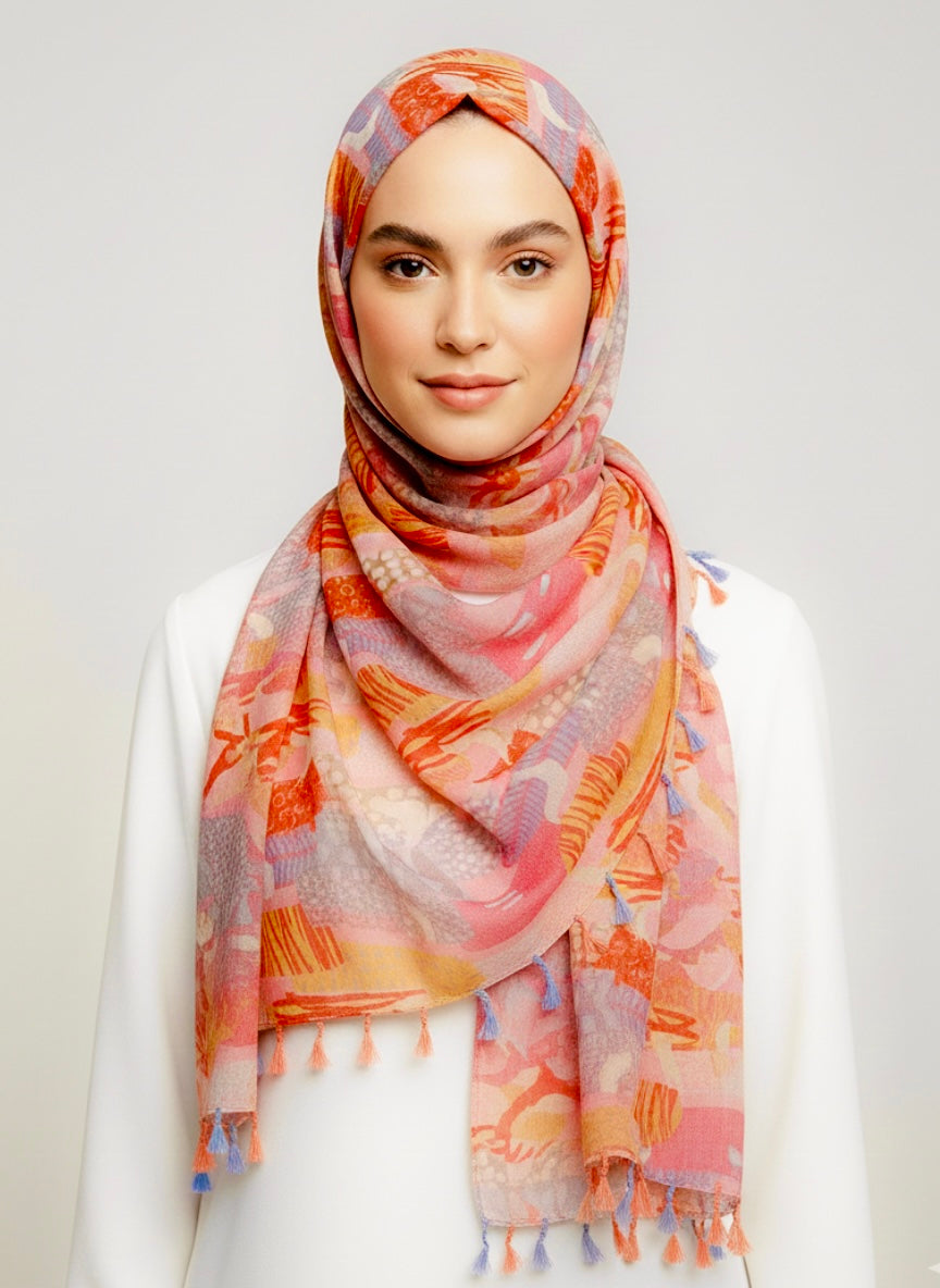 Premium Printed Hijab with intricate floral pattern in shades of blue and gold.