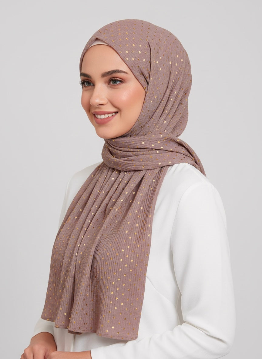 Close-up of Dapples – Mauve, a textured fabric with subtle pink and gray floral patterns.