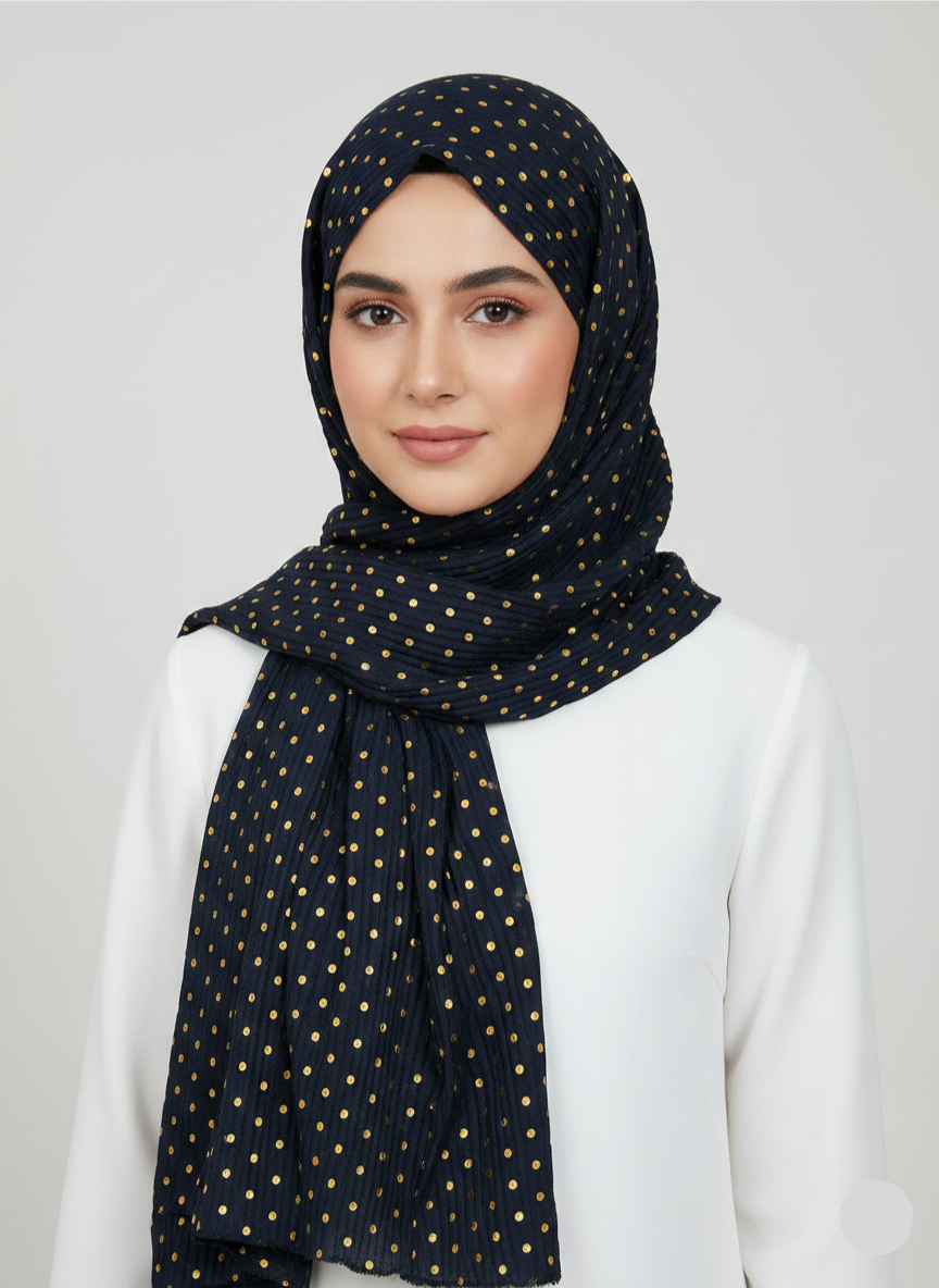 Navy blue "Dapples" fabric with a subtle, textured pattern of white dots.