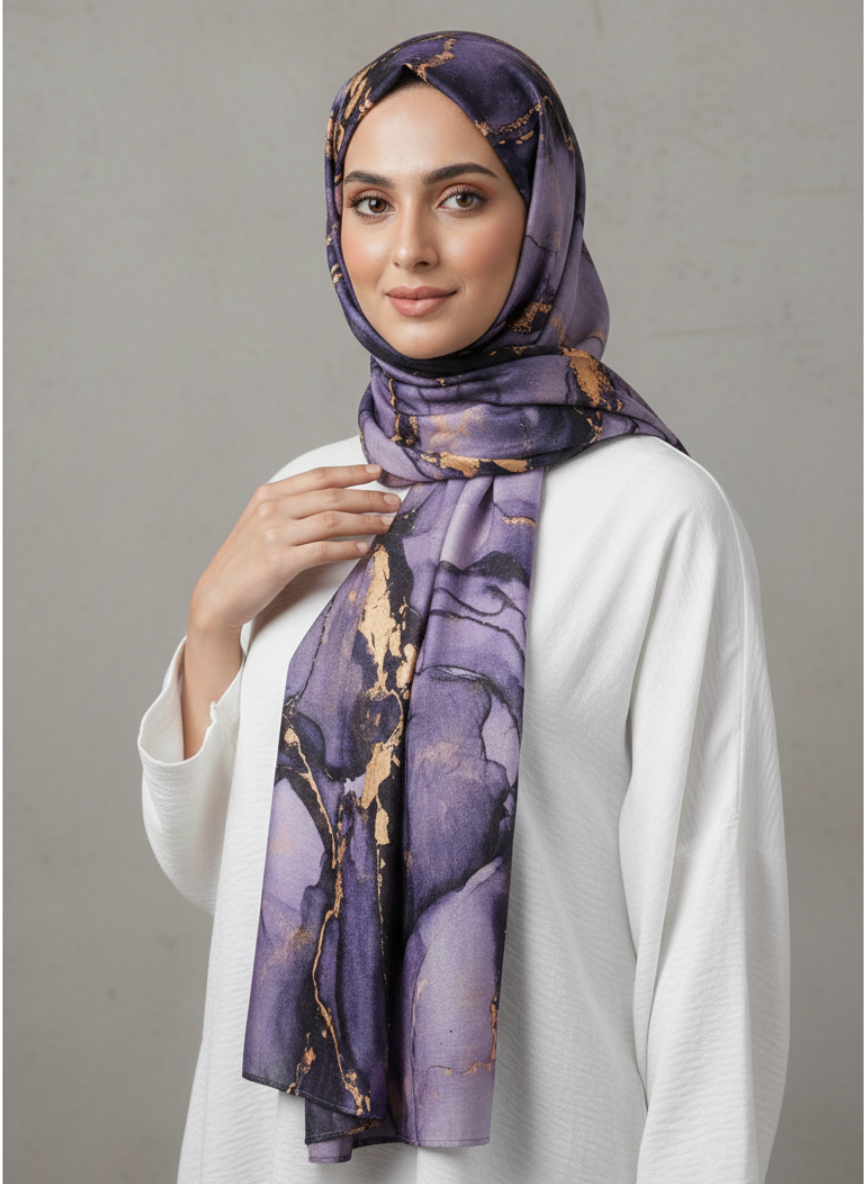 Cobalt Printed Hijab featuring a vibrant geometric pattern on a rich blue fabric.