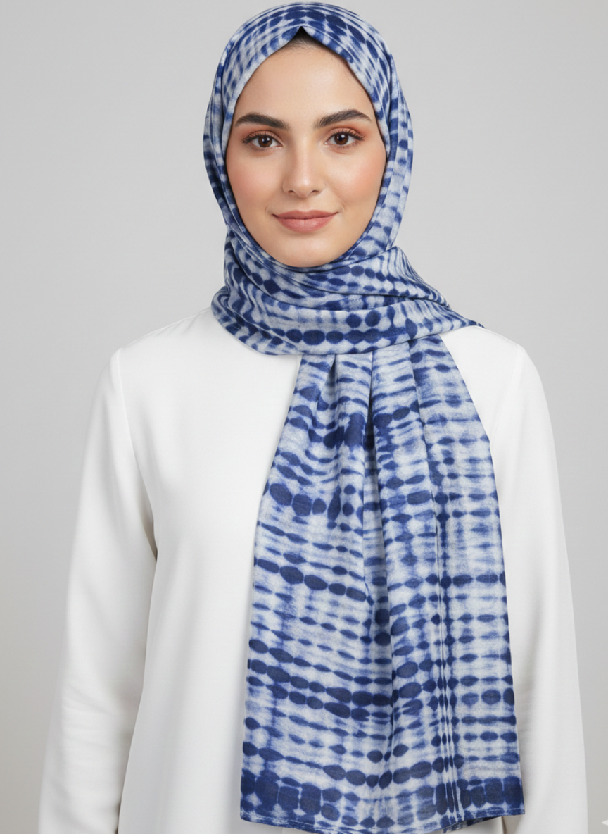 Inkfade (Blue) Printed Hijab, a soft blue hijab with a subtle, repeating ink-like pattern.