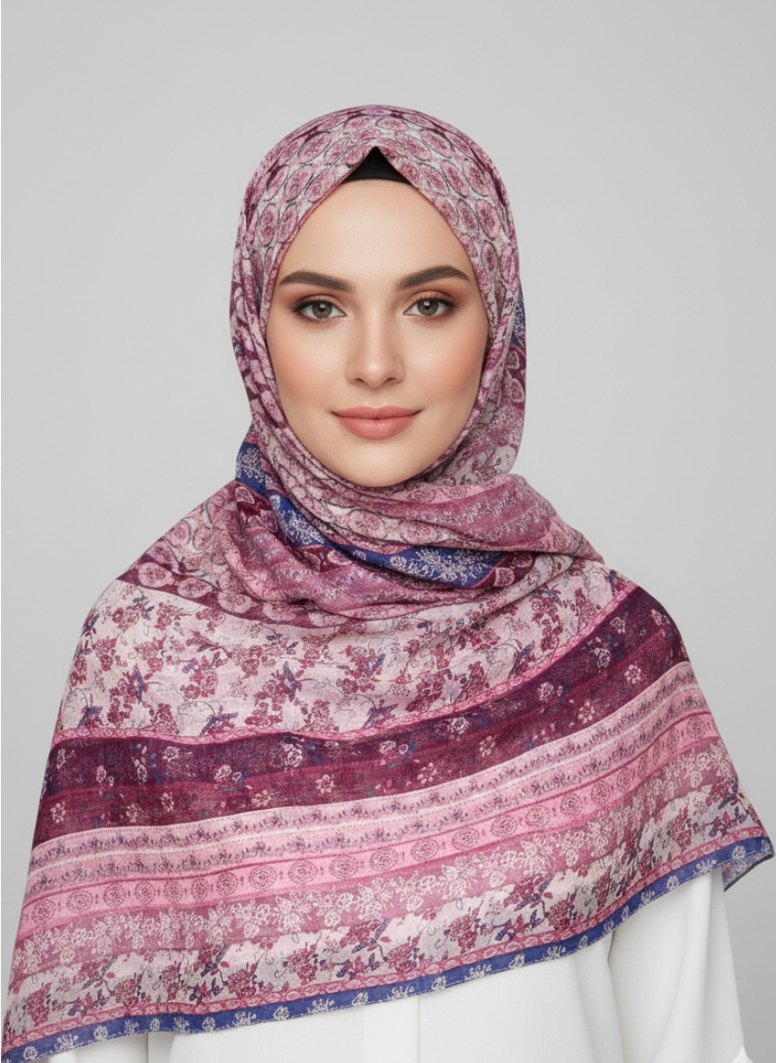 Premium Printed Hijab featuring a delicate floral pattern in shades of pink and green on a white background.