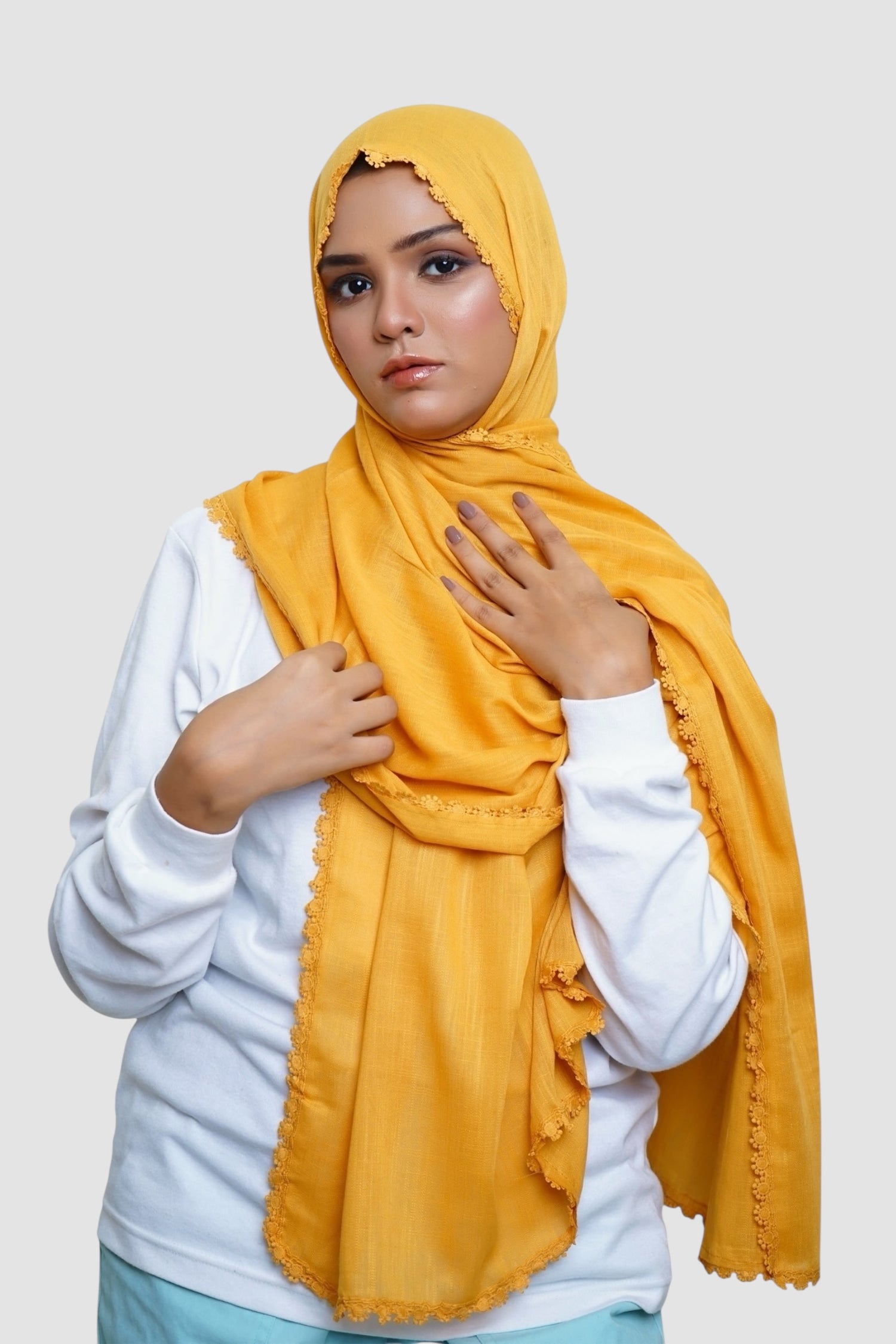 Expressions Turkish Lawn (Wider Width) Lace Hijab - Mustard
