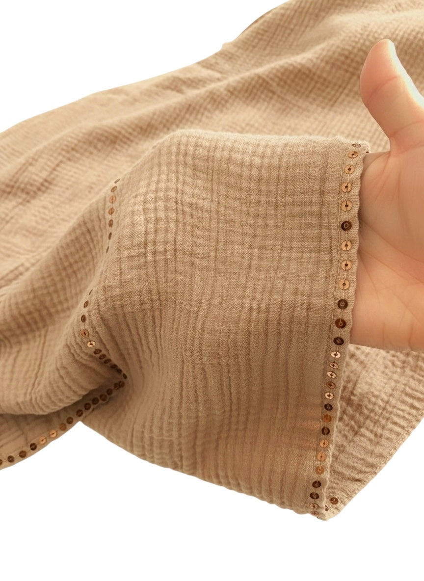 XL Beige Ripple Sequins Hijab draped elegantly, showcasing shimmering sequin texture.