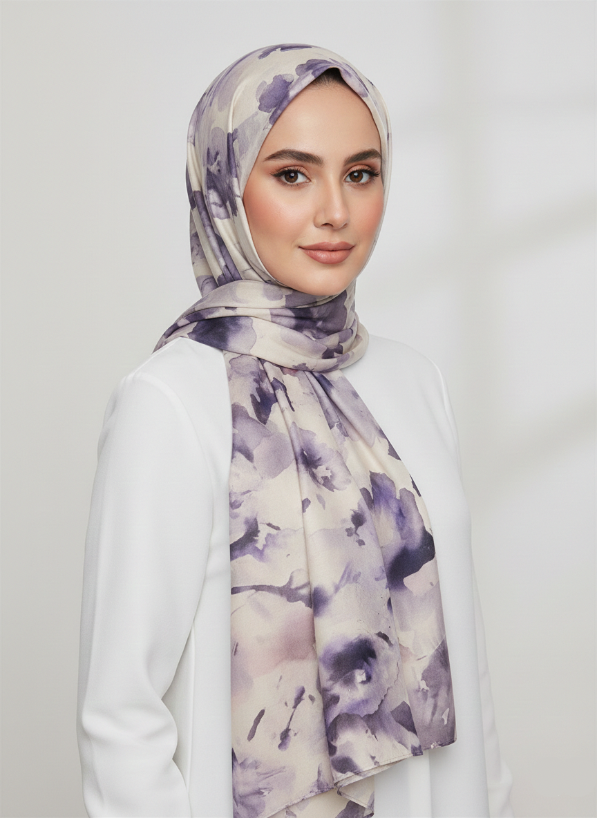 Zerina Printed Hijab: a soft, flowing hijab with a delicate floral print in shades of cream and blush pink.