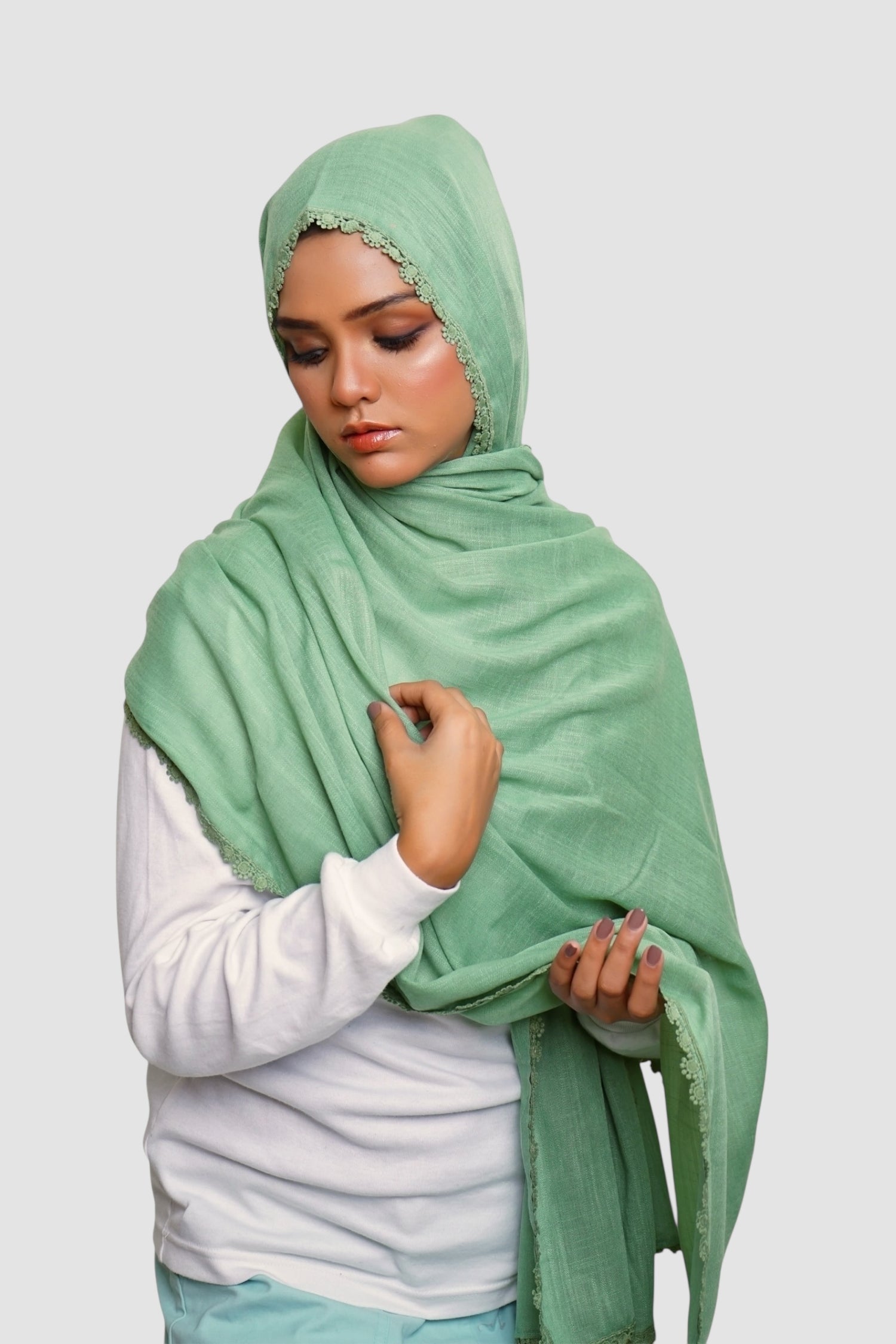 Expressions Turkish Lawn (Wider Width) Lace Hijab - Sage Green
