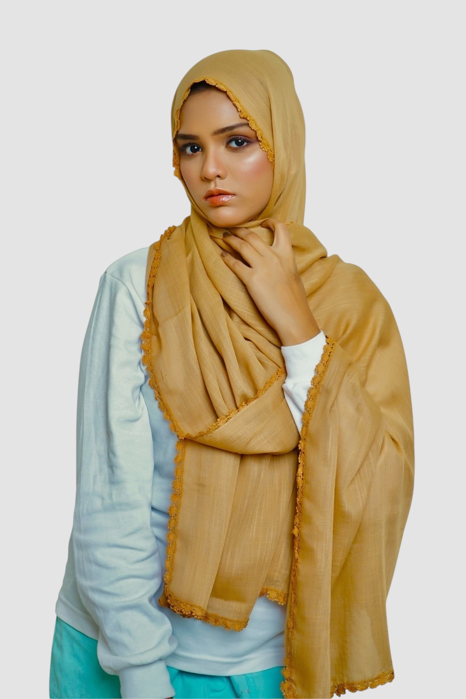 Expressions Turkish Lawn (Wider Width) Lace Hijab - Burnt Mustard