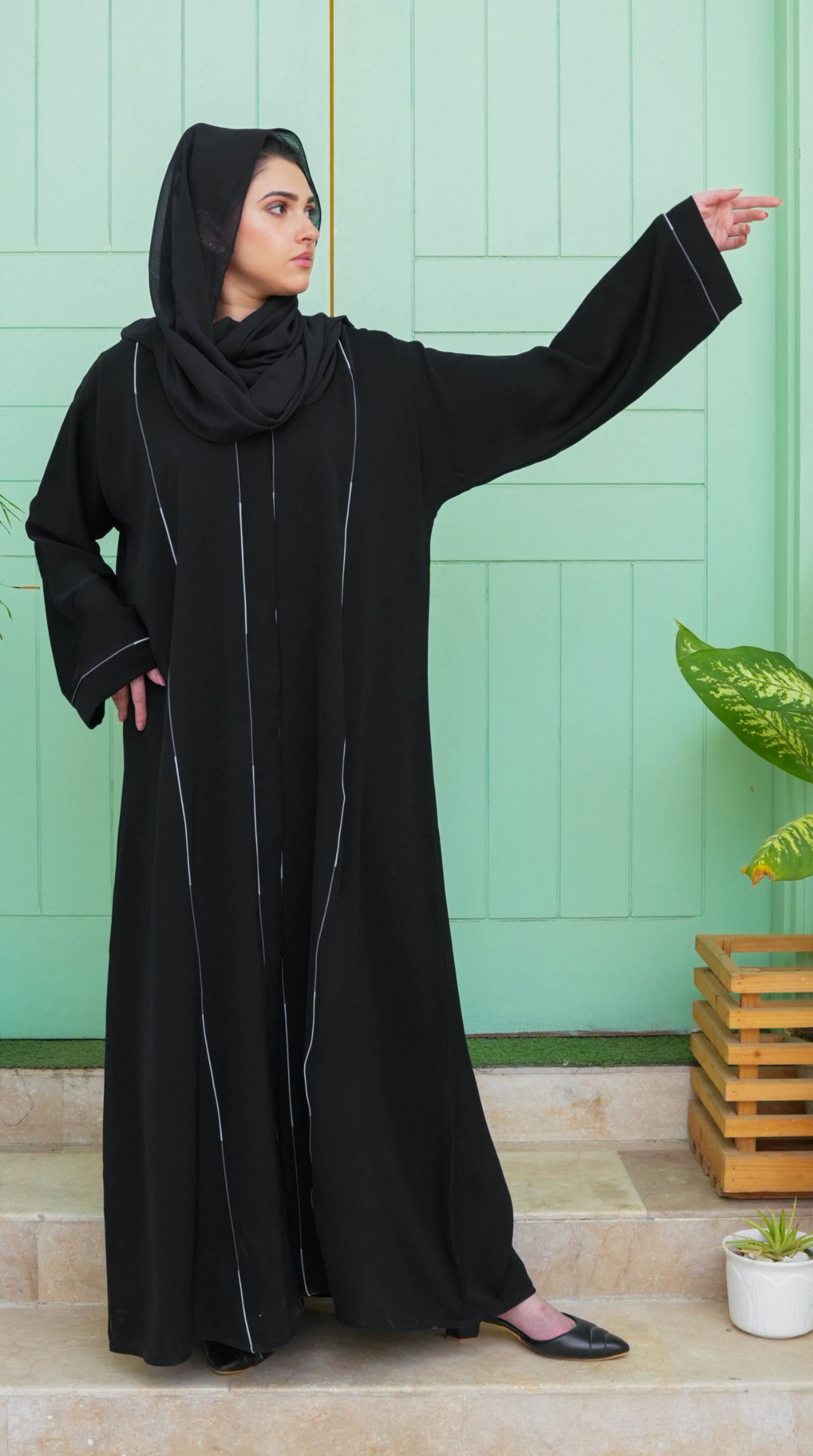 Linia Piping Abaya - Black & Grey Piping (With Free Delivery)