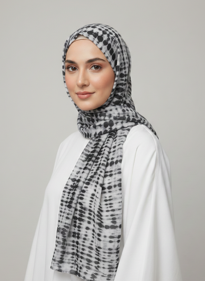 Black Inkfade printed hijab with a subtle, abstract pattern.