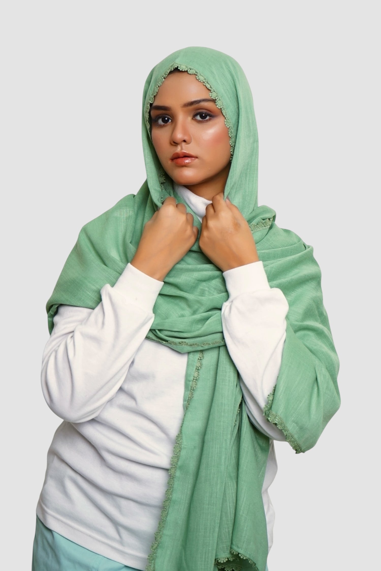 Expressions Turkish Lawn (Wider Width) Lace Hijab - Sage Green
