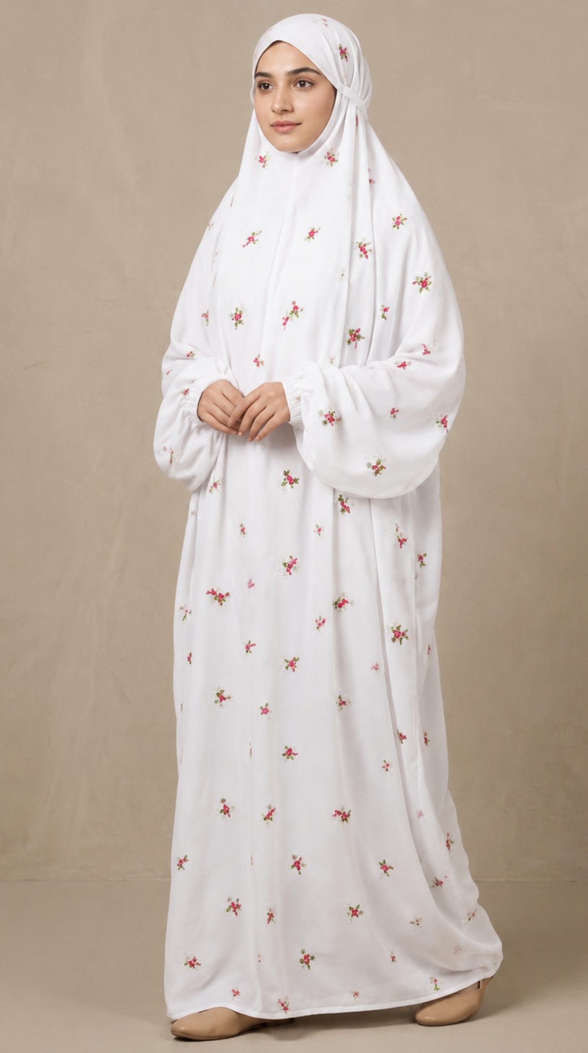 Embroided Full Length Namaz Chadar With Sleeves - White