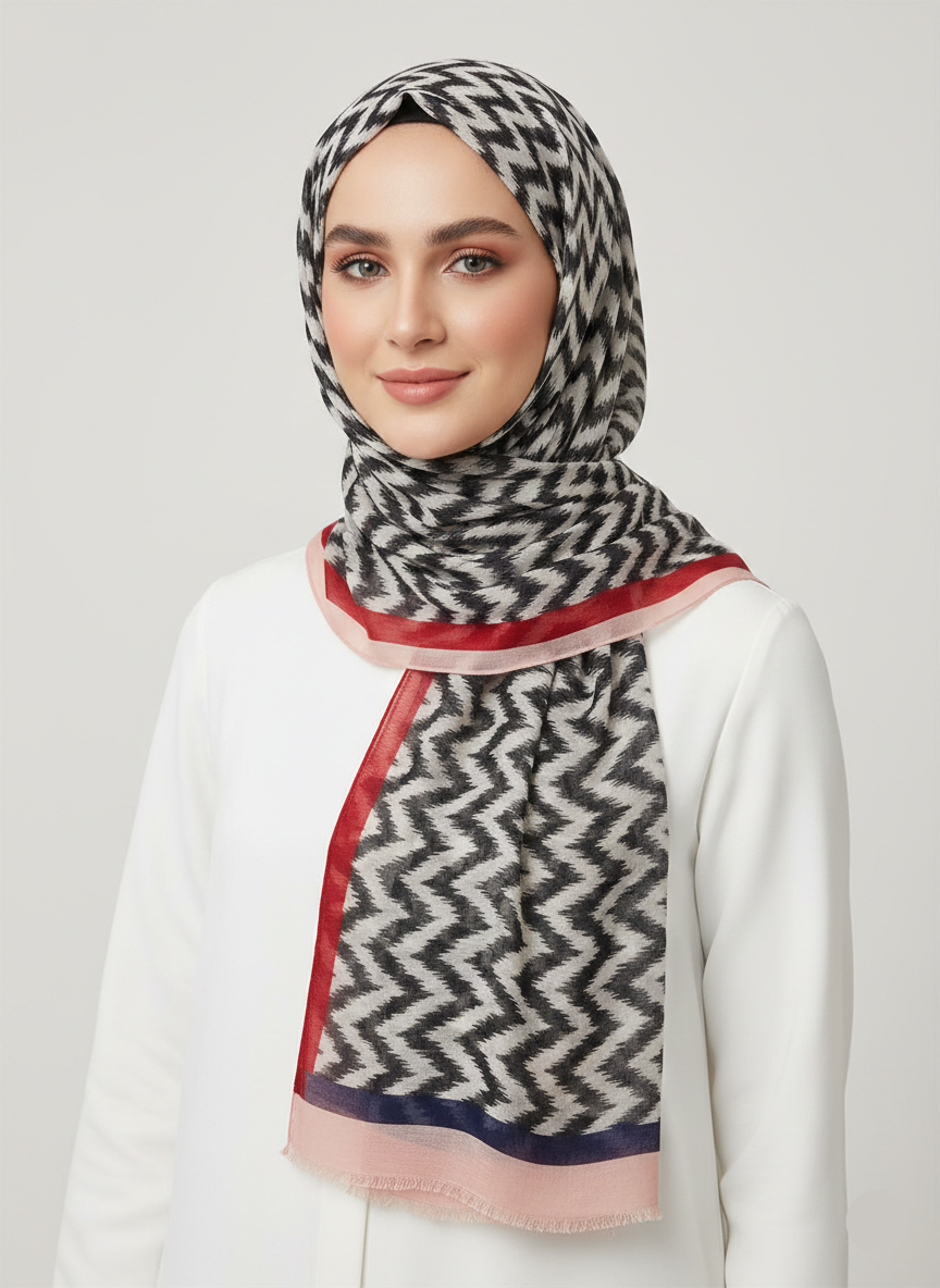 Flamingo Chevron Printed Hijab with a bold, repeating chevron pattern in shades of pink and white.