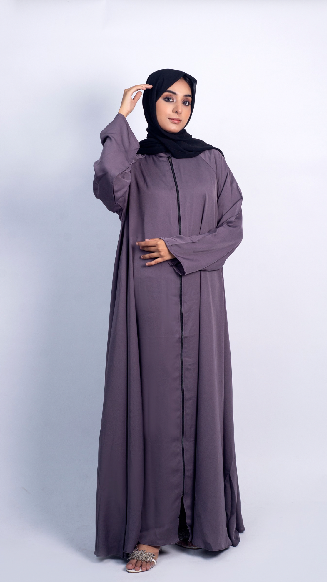 Full Zipper Abaya - Lilac Grey (With Free Delivery)