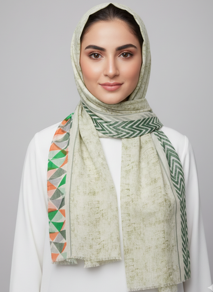 A close-up shot of a Nyra Printed Hijab in a vibrant green hue, showcasing its intricate floral pattern.
