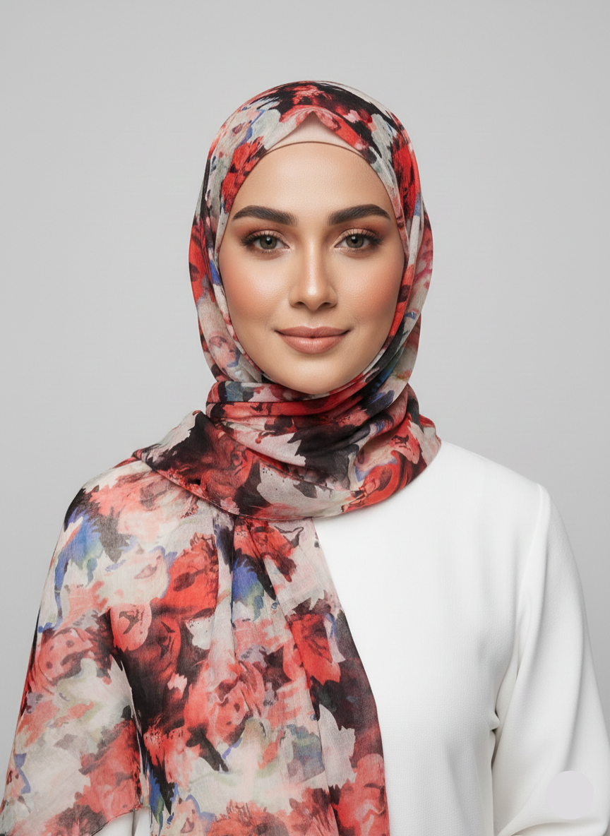 Premium Printed Hijab featuring a vibrant floral pattern in shades of [mention dominant colors like pink, green, and gold].