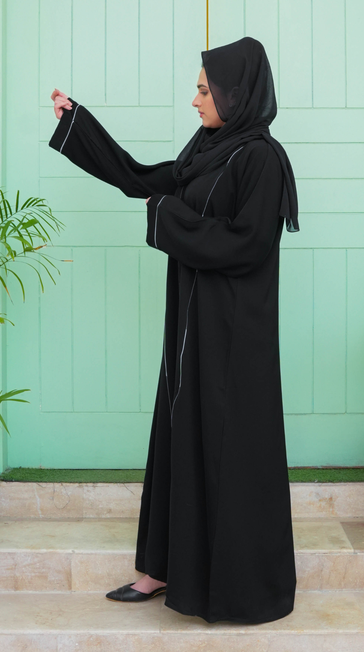 Linia Piping Abaya - Black & Grey Piping (With Free Delivery)