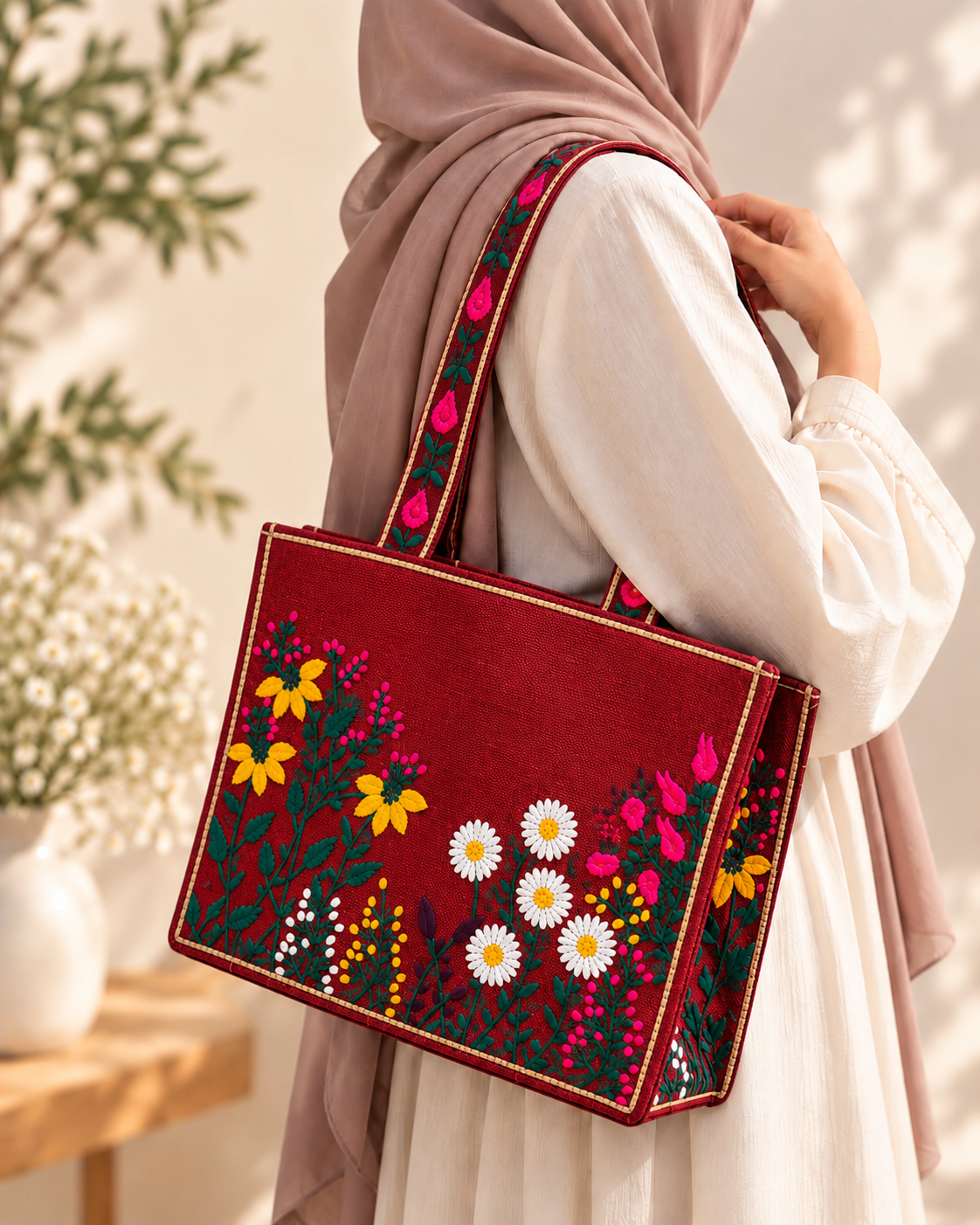 WILDFLOWER TOTE BAG - MAROON
