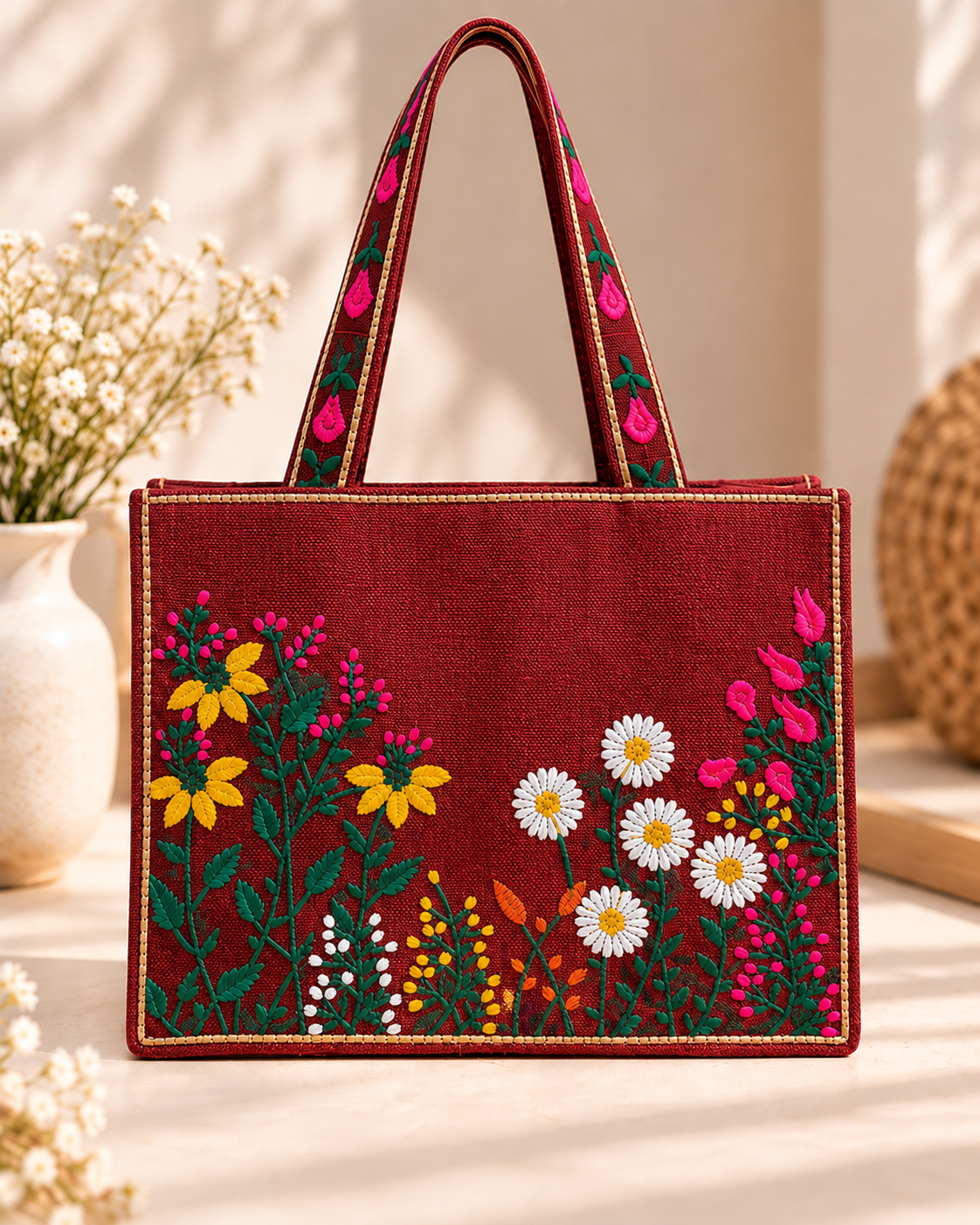 WILDFLOWER TOTE BAG - MAROON