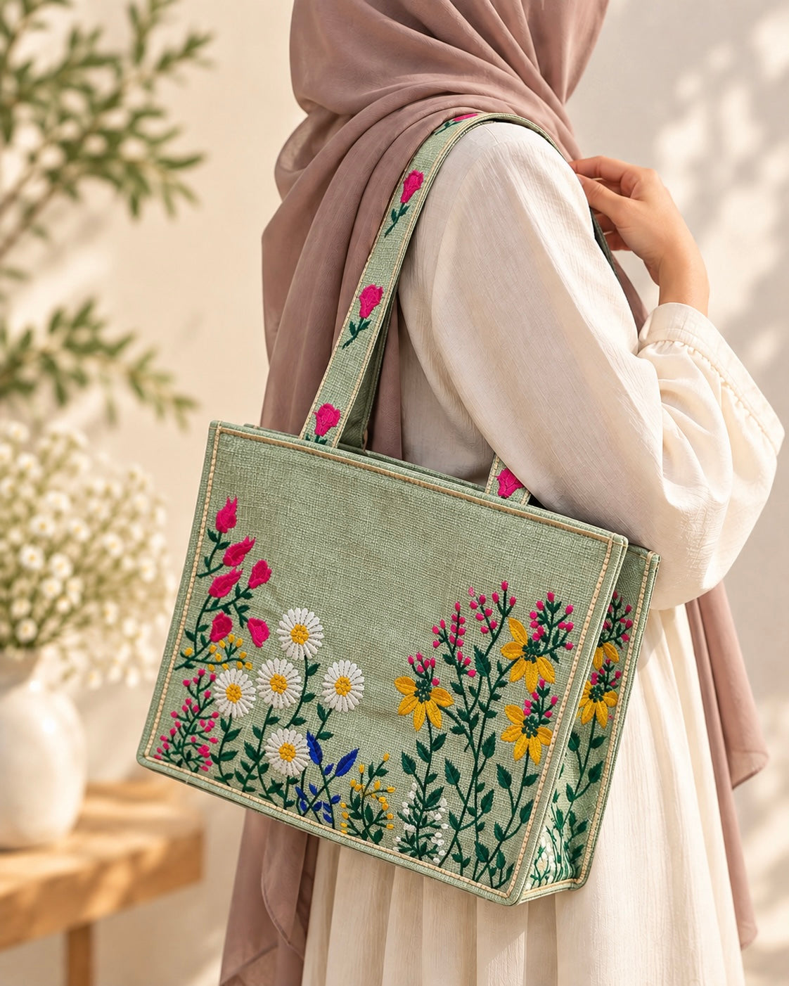 WILDFLOWER TOTE BAG - SAGE GREEN