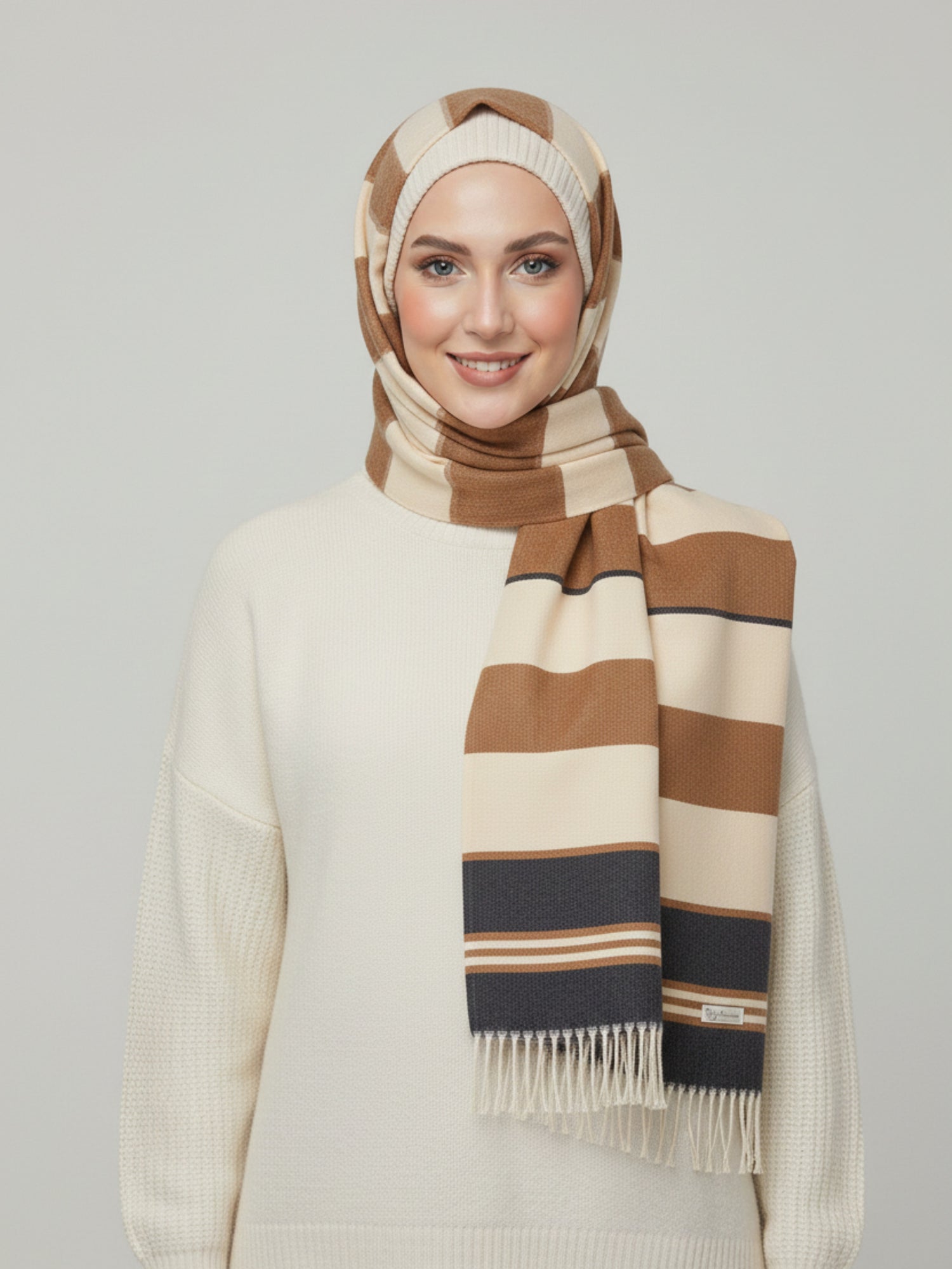 Vogue Woolen Hijab – Chocolate/Cream (Black Border)