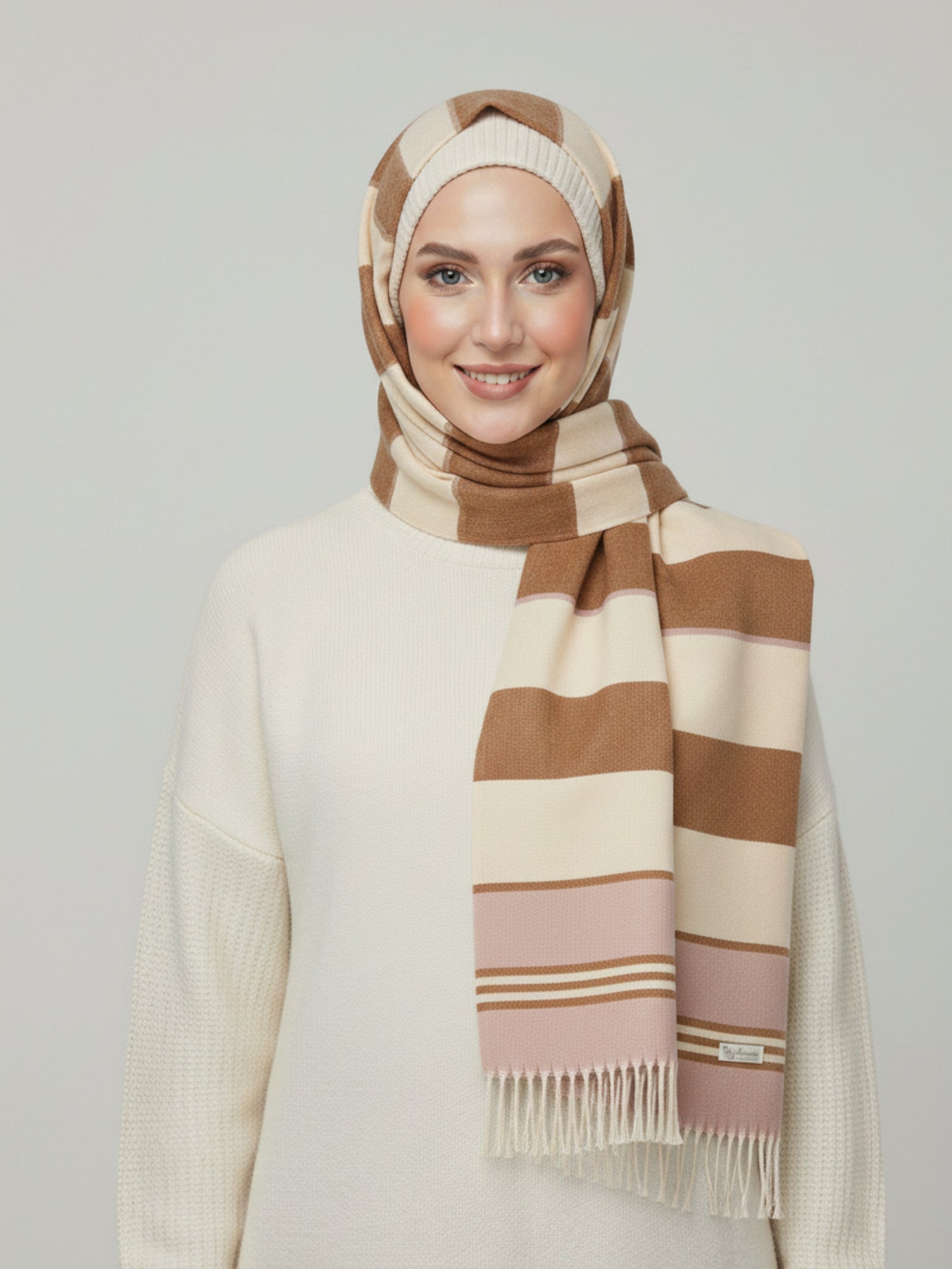 Vogue Woolen Hijab – Chocolate/Cream (Pink Border)