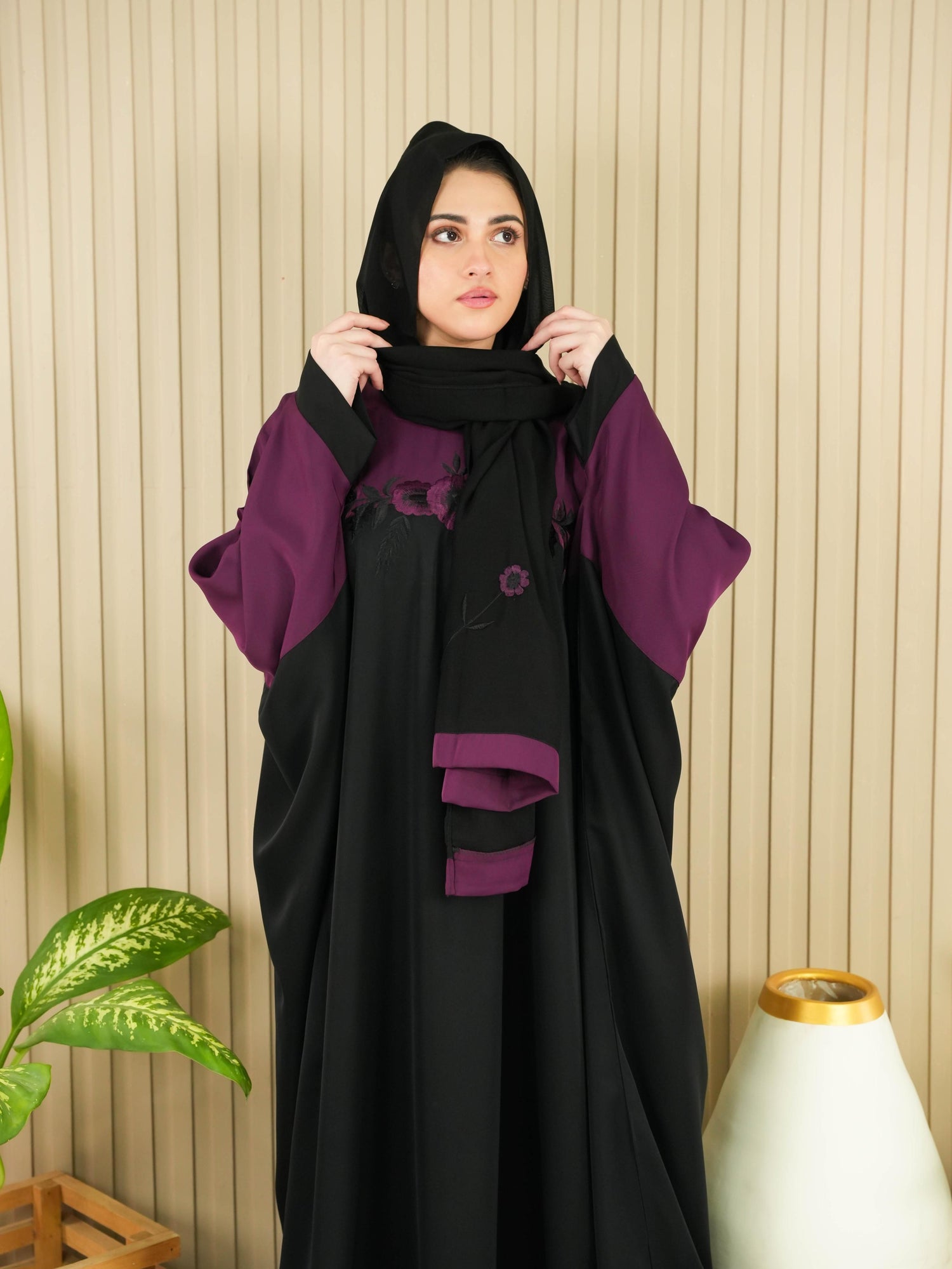 Flora Abaya - Eggplant (With Free Delivery)