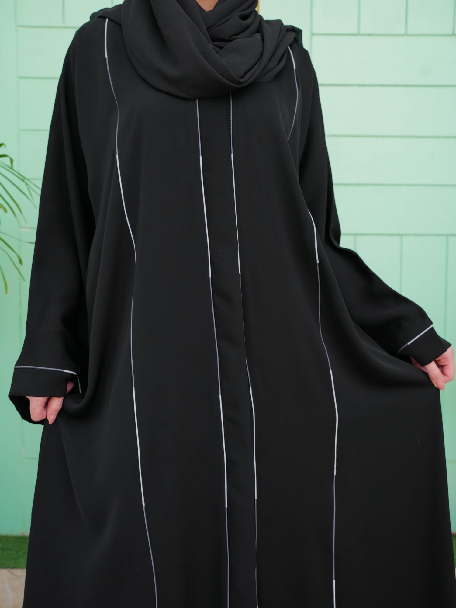 Linia Piping Abaya - Black & Grey Piping (With Free Delivery)