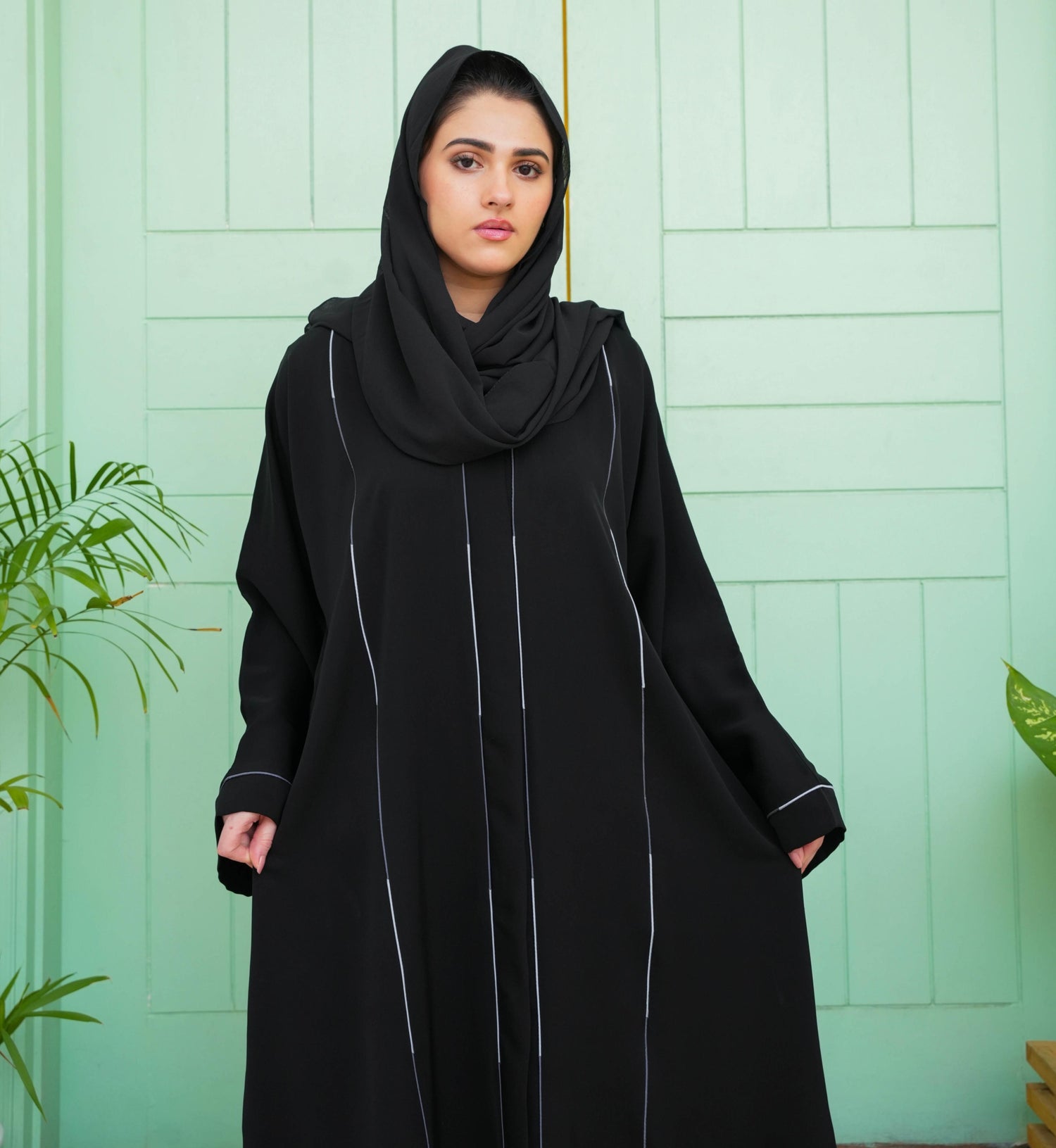 Linia Piping Abaya - Black & Grey Piping (With Free Delivery)